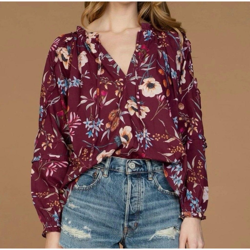Olivia James The Label Davis Top Floral Ruffle Blouse Raspberry Women's size XS